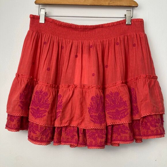 M.A.B.E. NWT Mina Embroidered Mini Tiered Skirt Coral 100% Cotton Boho Chic sz L - Picture 8 of 10